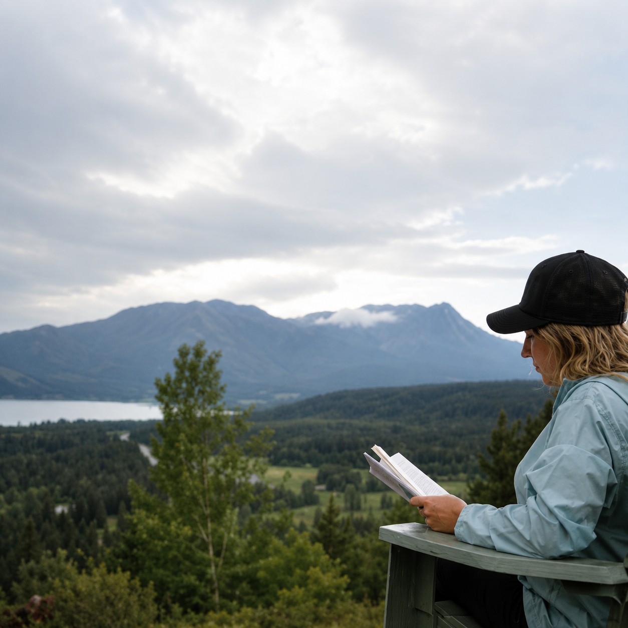 A traveller relaxing on a deck overlooking the Shuswap valley