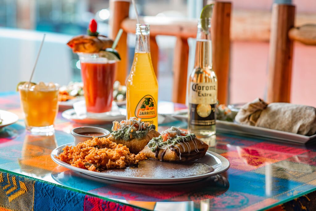 A Mexican dinner plate with drinks at Cantina Vallarta
