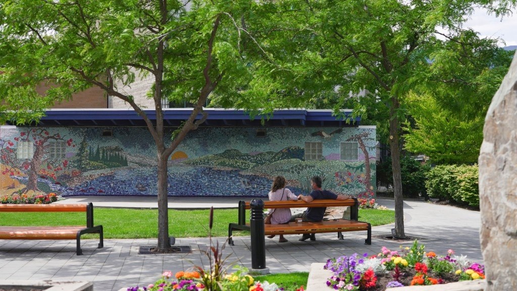 People gathered at Ross Street Plaza in downtown Salmon Arm