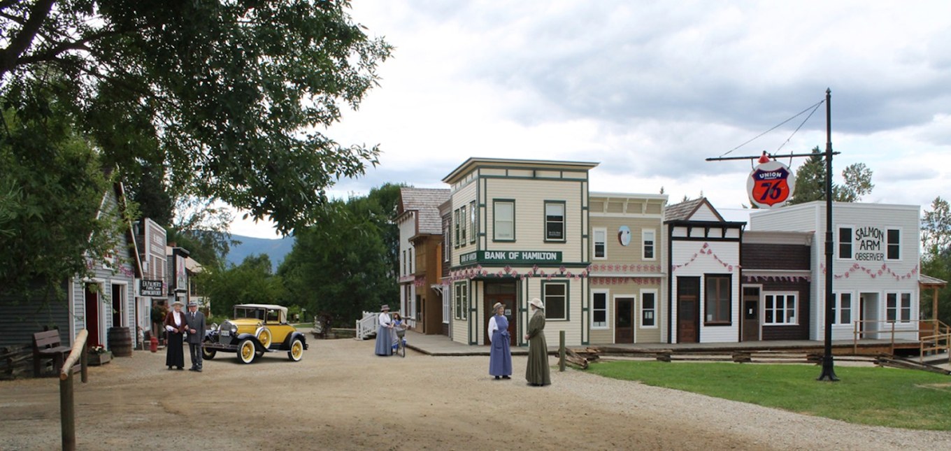 The historic main street and vintage car at RJ Haney Heritage Village