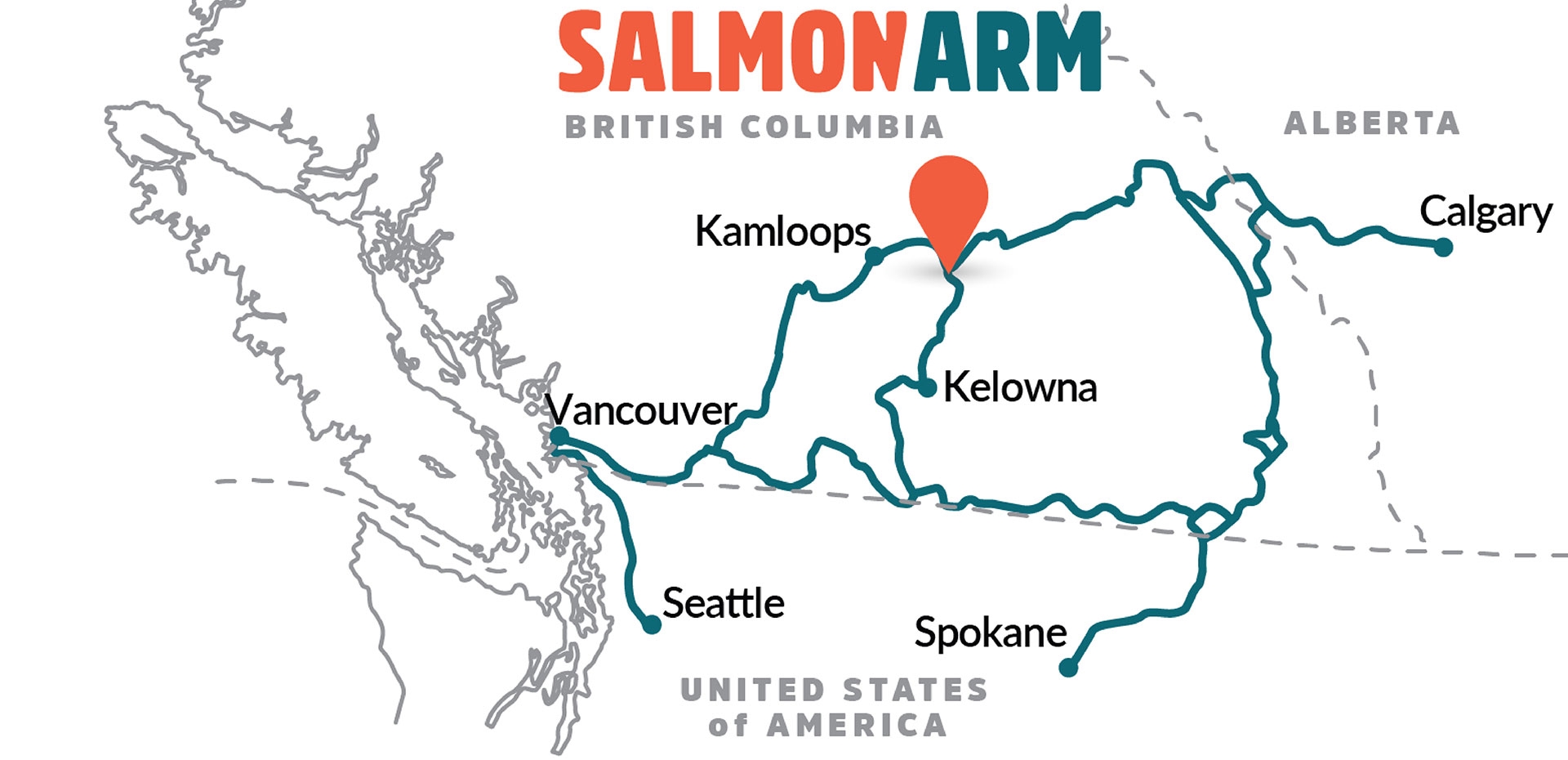 Map of British Columbia showing Salmon Arm on the southwestern arm of Shuswap Lake